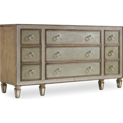 Sanctuary 9 Drawer Dresser by Hooker Furniture in avalon. Made from oak veneers, eglomise, solid-wood edge top in a modern style.