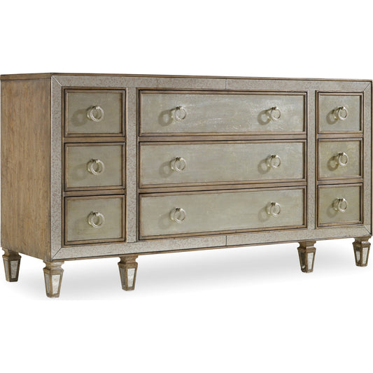 Sanctuary Dresser by Hooker Furniture in avalon. Made from oak veneers, eglomise, solid-wood edge top in a modern style.