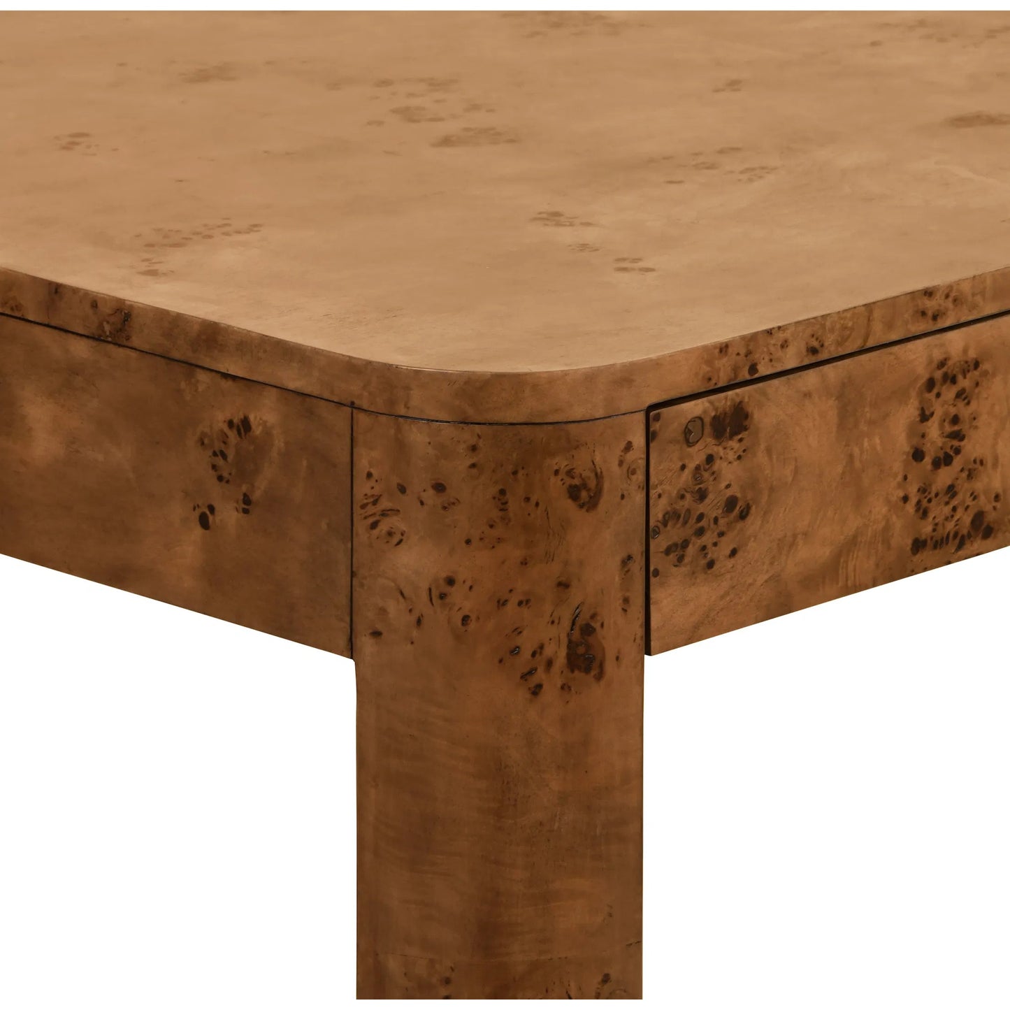 004 SI-2461297 | Closeup | Jett Square Two Drawer Curved Corner Game Table by Worlds Away in dark burl. Made from solid wood, mdf in a modern style.
