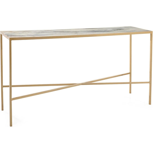 Brendan Parker's Uncoil Console Table by John-Richard in white, blue, gold, silver and vitreous, champagne silver. Made from metal in a unique style.