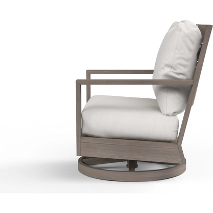 Laguna Outdoor Swivel Chair by Sunset West in driftwood. Made from aluminum in a modern style.