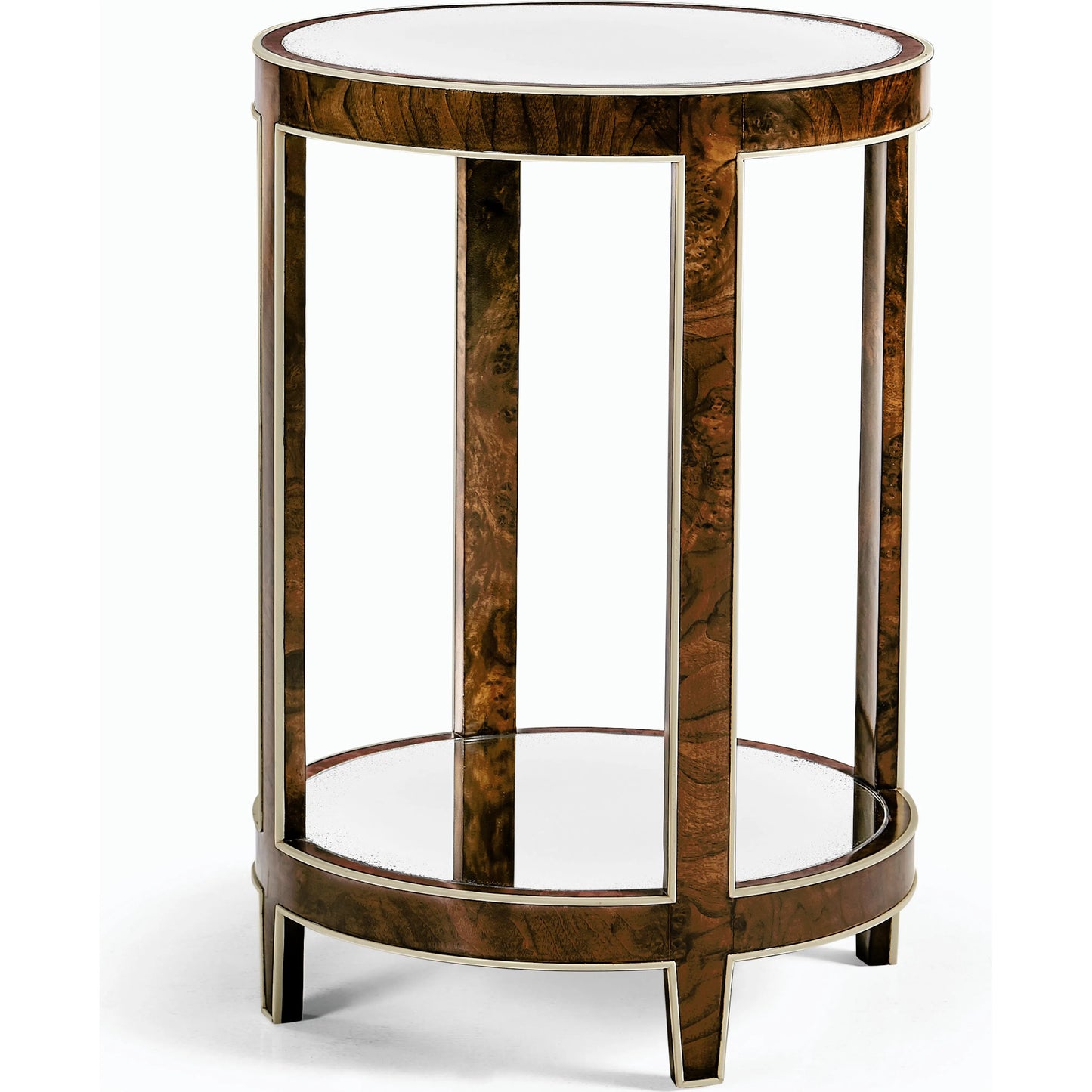 001 SI-2186358 | Primary Silo | Jacques Round End Table by Jonathan Charles in brown and medium brown mahogany. Made from mahogany veneers, faux bone, glass in a modern style.