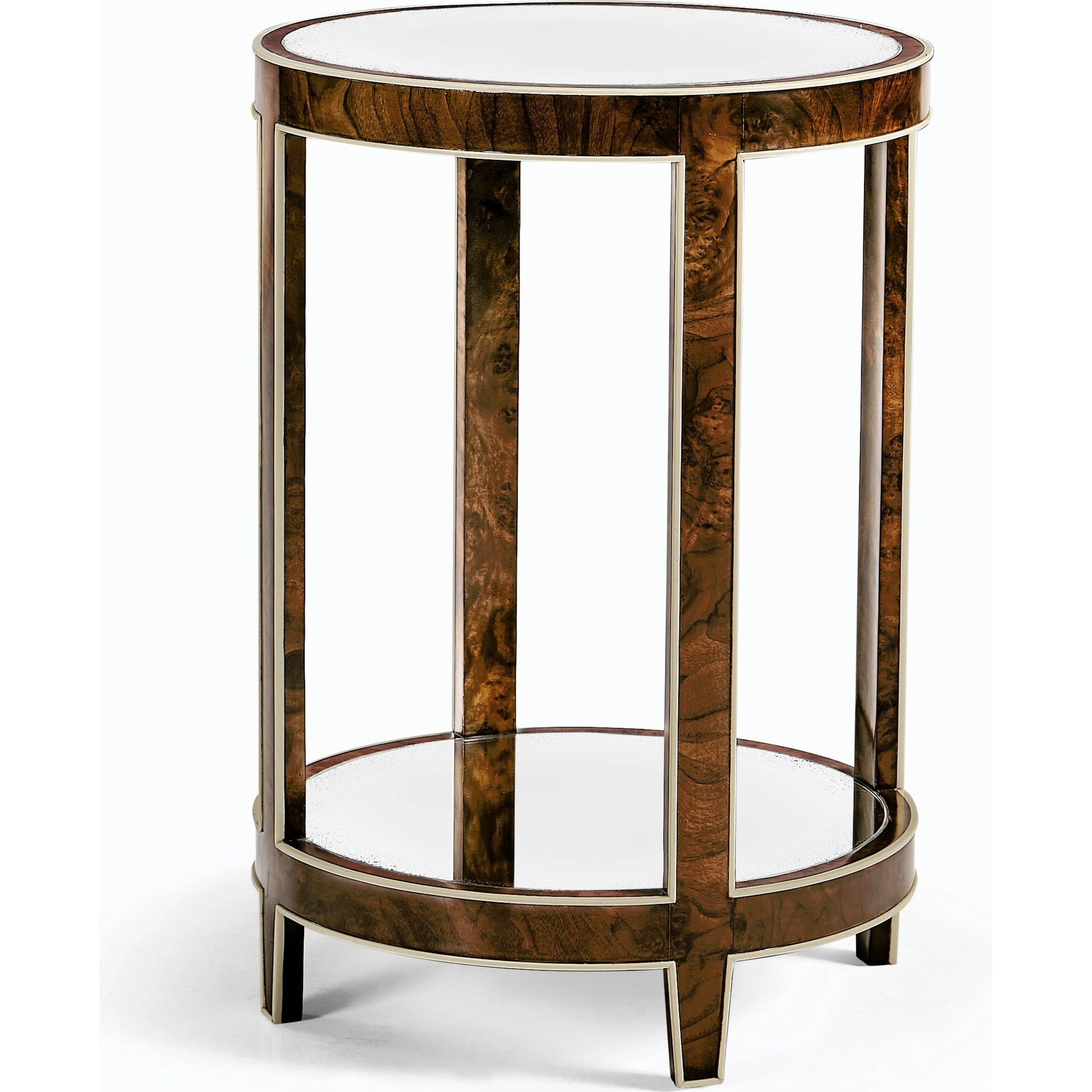 Jacques Round End Table by Jonathan Charles in brown and medium brown mahogany. Made from mahogany veneers, faux bone, glass in a modern style.