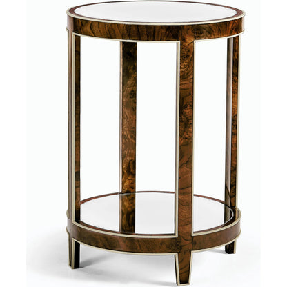 Jacques Round End Table by Jonathan Charles in brown and medium brown mahogany. Made from mahogany veneers, faux bone, glass in a modern style.