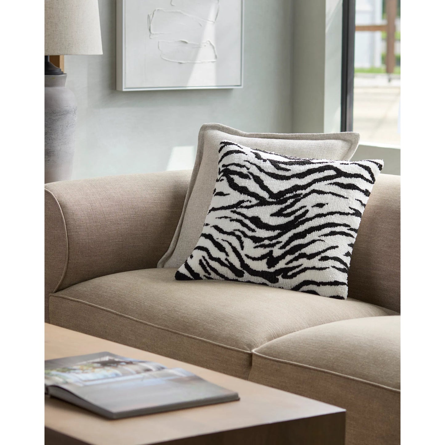 002 SI-2244466,SI-2244467,SI-2244468,SI-2244469,SI-2244470,SI-2244471 | Lifestyle | Jungle Cat 540869 Pillow by Surya in white, black. Made from polyester, cotton in a modern style.