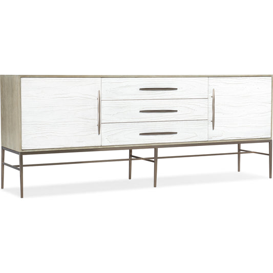 Cascade Entertainment Console by Hooker Furniture in terrain, chalk. Made from oak veneers, cast resin drawer, door fronts, metal in a cottage & farmhouse style.