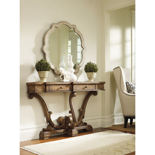 Sanctuary Console by Hooker Furniture in amber sands. Made from primavera, maple veneers with resin in a traditional style.