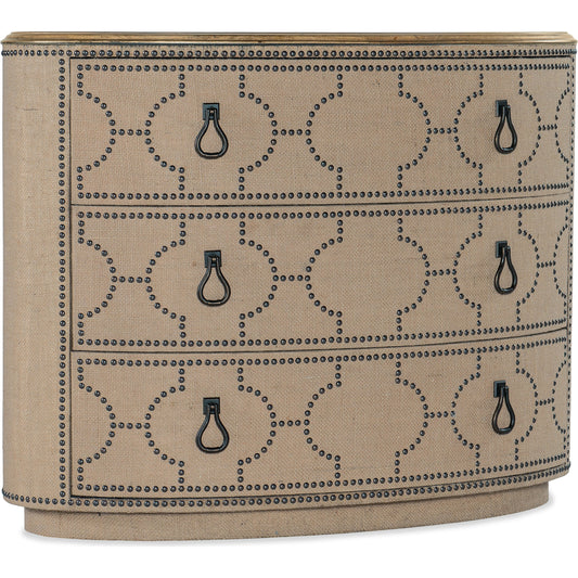 Big Sky Three Drawer Chest by Hooker Furniture in brown and vintage natural. Made from pecky hickory veneers with cedar, burlap, nailheads, solid-wood edged top in a transitional style.