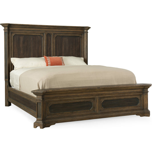 Woodcreek Mansion Bed by Hooker Furniture in saddle brown. Made from white oak veneers with resin in a traditional style.