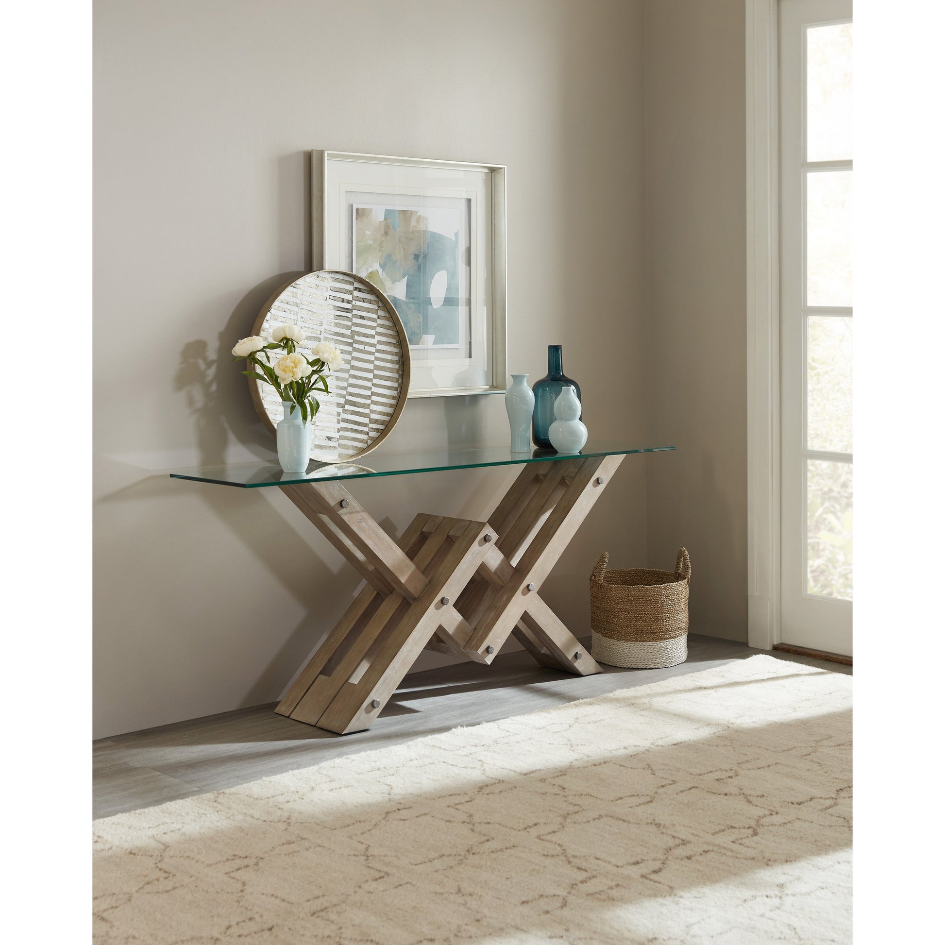 Affinity Accent Console by Hooker Furniture in greige. Made from hardwoods in a eclectic & global style.
