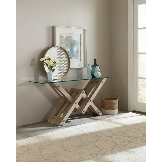 Affinity Accent Console by Hooker Furniture in greige. Made from hardwoods in a eclectic & global style.