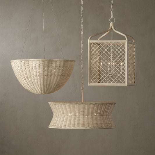 Wanstead Lantern by Currey and Company in bleached natural, vanilla. Made from rattan, wicker, wrought iron in a cottage & farmhouse style.