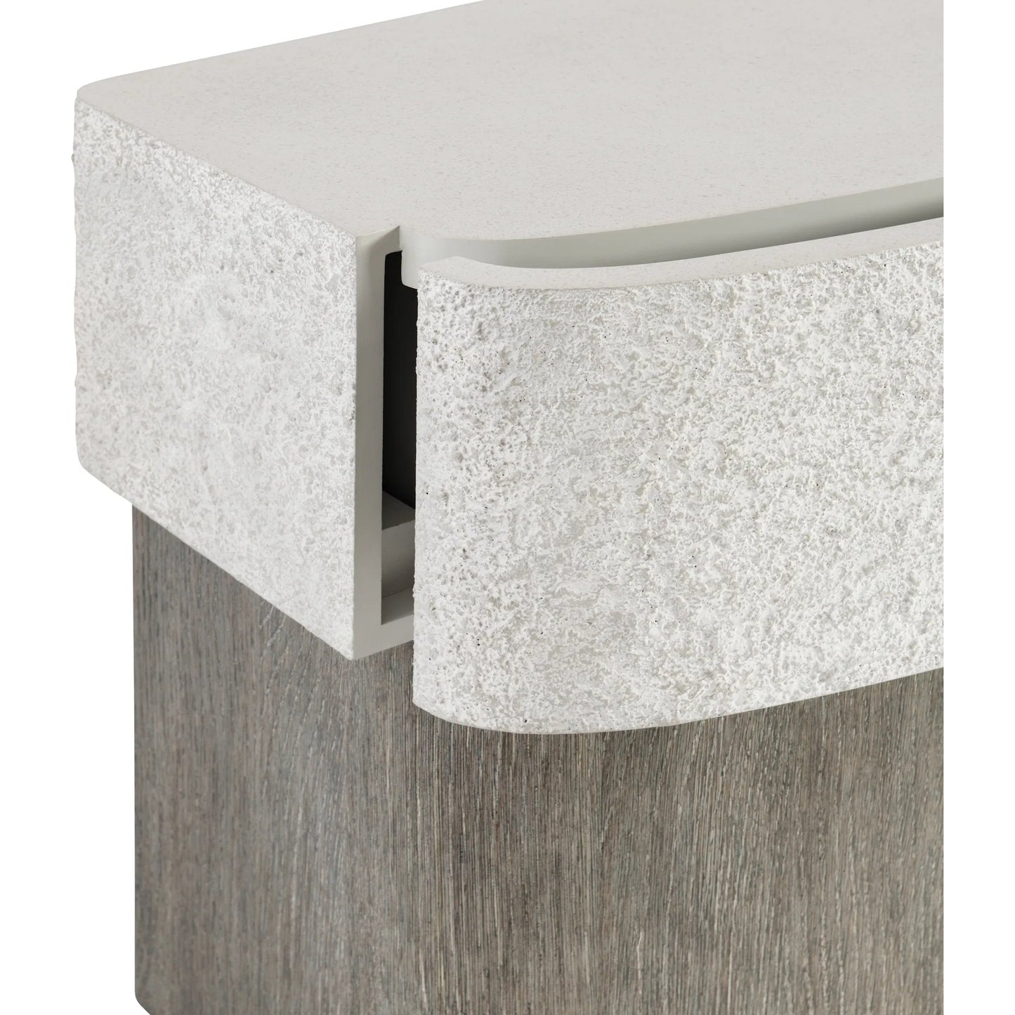 006 SI-2513387 | Closeup | Monolith Nightstand by Bernhardt in millstone, puma. Made from faux stone, wood in a transitional style.