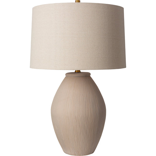 Jericho - 492735 by Surya in gray, cream and glazed plated. Made from body: ceramic, shade (outside): linen, shade (inside): polyester, finial: metal in a modern style.