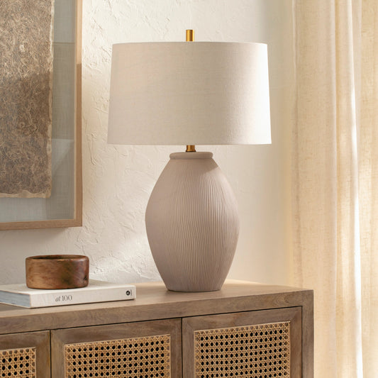 Jericho - 492735 by Surya in gray, cream and glazed plated. Made from body: ceramic, shade (outside): linen, shade (inside): polyester, finial: metal in a modern style.