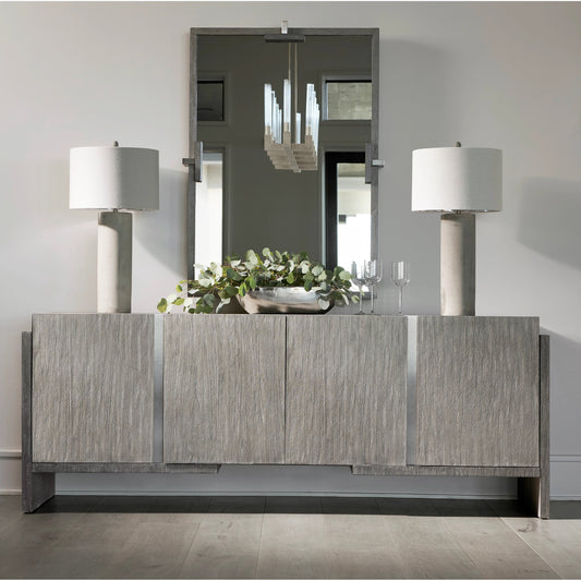 Foundations 4-Door Buffet by Bernhardt in dark shale, light shale. Made from acacia wood, stainless steel in a modern style.