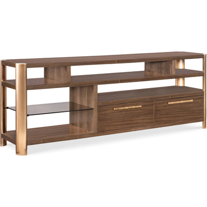 Eleana Entertainment Console by Hooker Furniture in light caramel, sunlit bronze metal, glass. Made from walnut veneers, glass in a modern style.