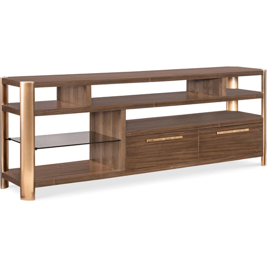Eleana Entertainment Console by Hooker Furniture in light caramel, sunlit bronze metal, glass. Made from walnut veneers, glass in a modern style.