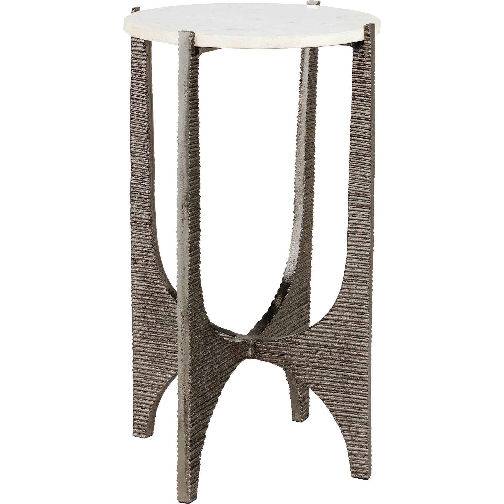 Micha Accent Table by Currey and Company in antique nickel, white. Made from cast aluminum, marble in a modern style.