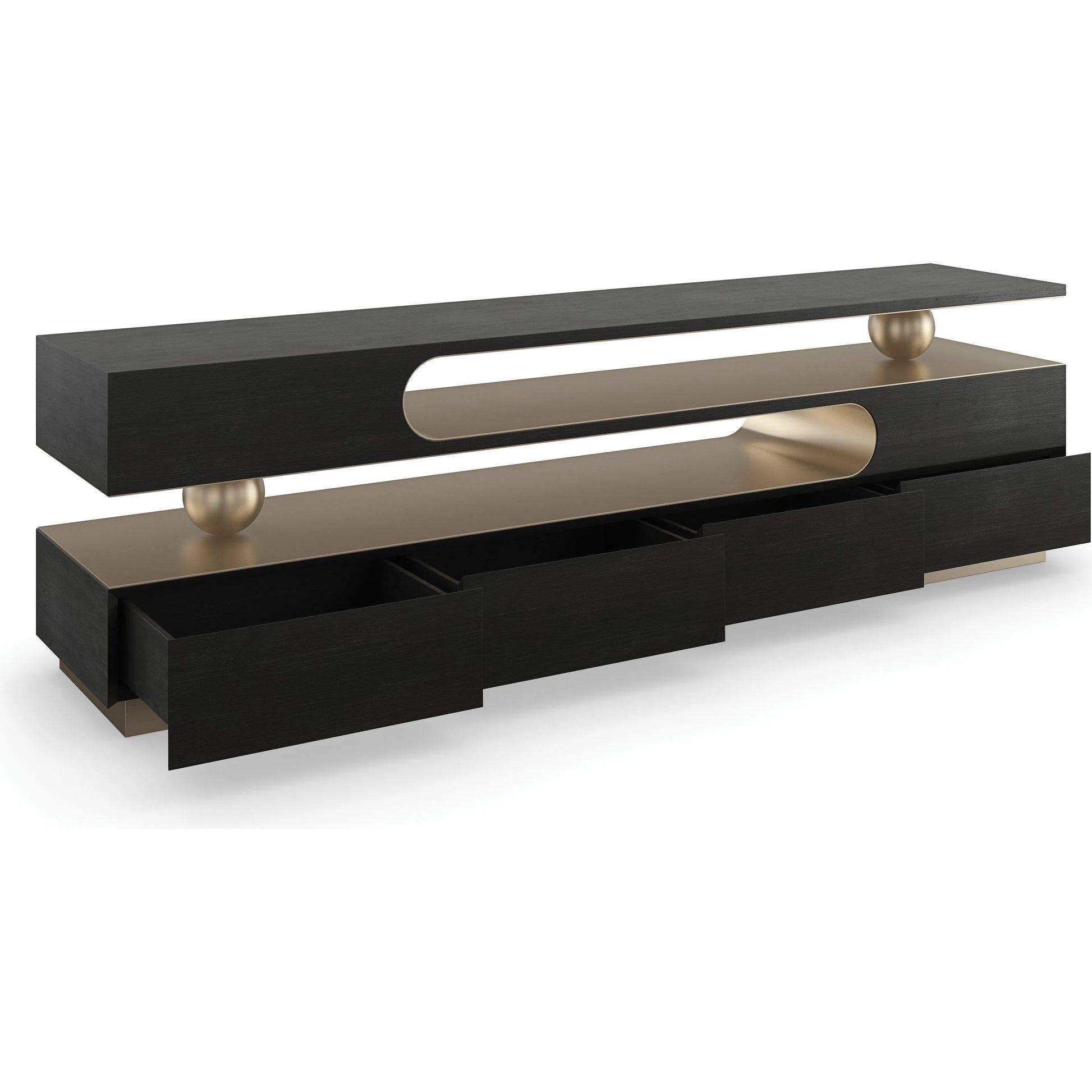 Harmony Console Table by Caracole in lucent bronze metallic, modern walnut. Made from poplar, walnut in a unique style.