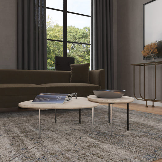 Commerce & Market Nesting Cocktail Table by Hooker Furniture in white. Made from white travertine stone parquet with carbon steel in a coastal style.