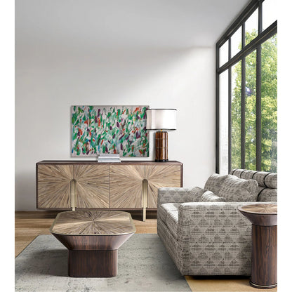 Terra Pedestal Cocktail Table by Jonathan Charles in natural straw. Made from main straw in a unique style.