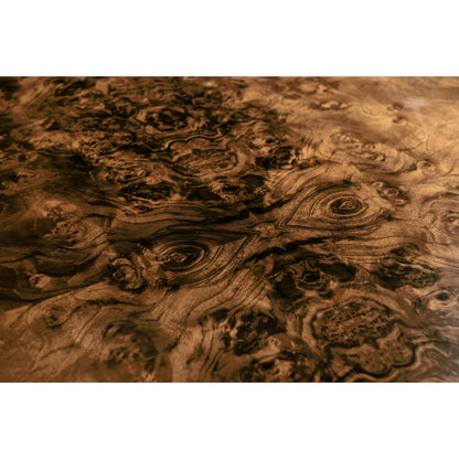 Jacques Radius Cocktail Table by Jonathan Charles in brown and walnut burl. Made from book match walnut burl veneer in a modern style.