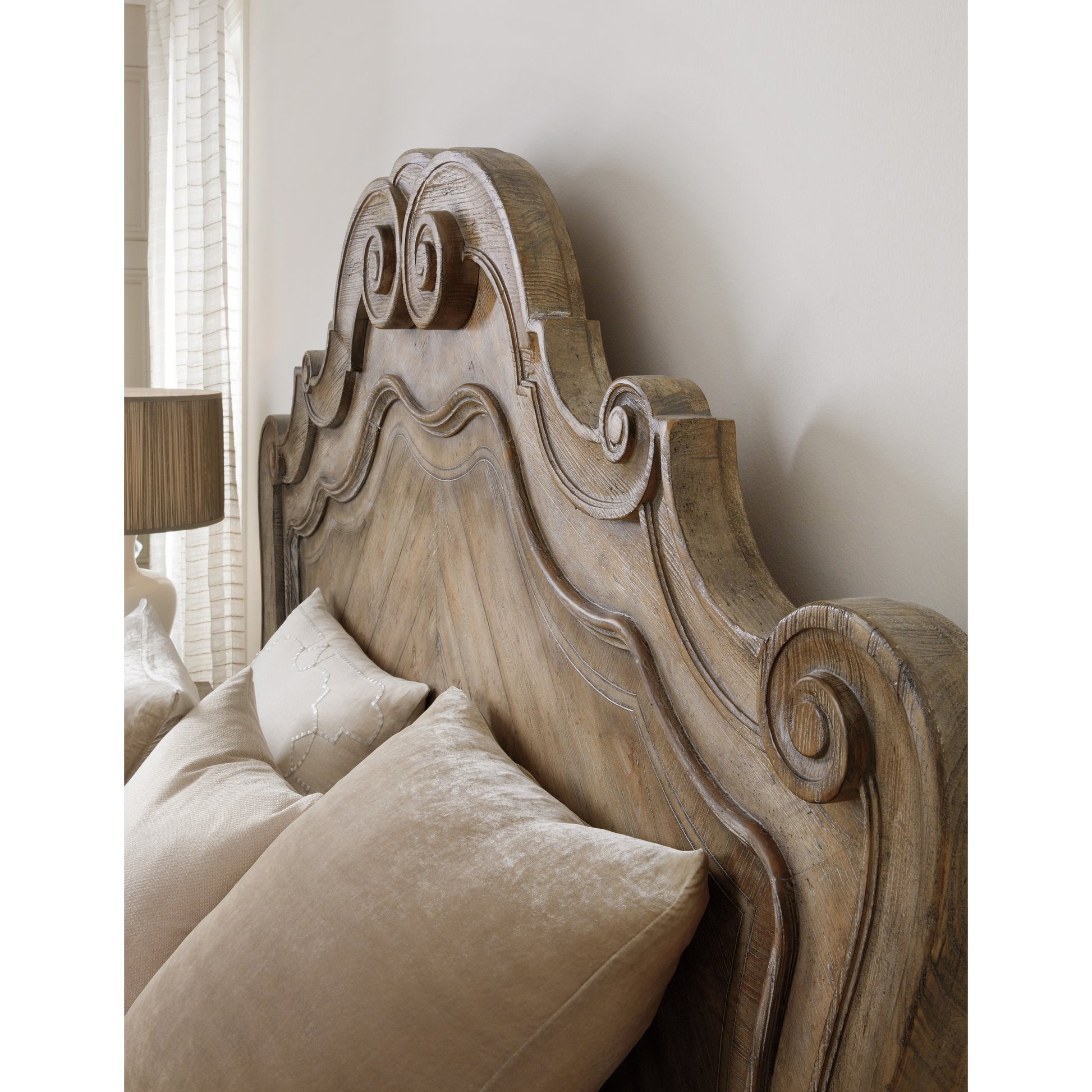 Castella Bed by Hooker Furniture in antique slate. Made from pecan, quartered walnut, quartered black walnut, maple, ash veneers in a traditional style.