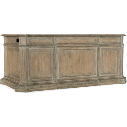 Castella Executive Desk by Hooker Furniture in antique slate. Made from pecan, quartered hickory, quartered black walnut, quartered ash, maple veneers with leather in a traditional style.