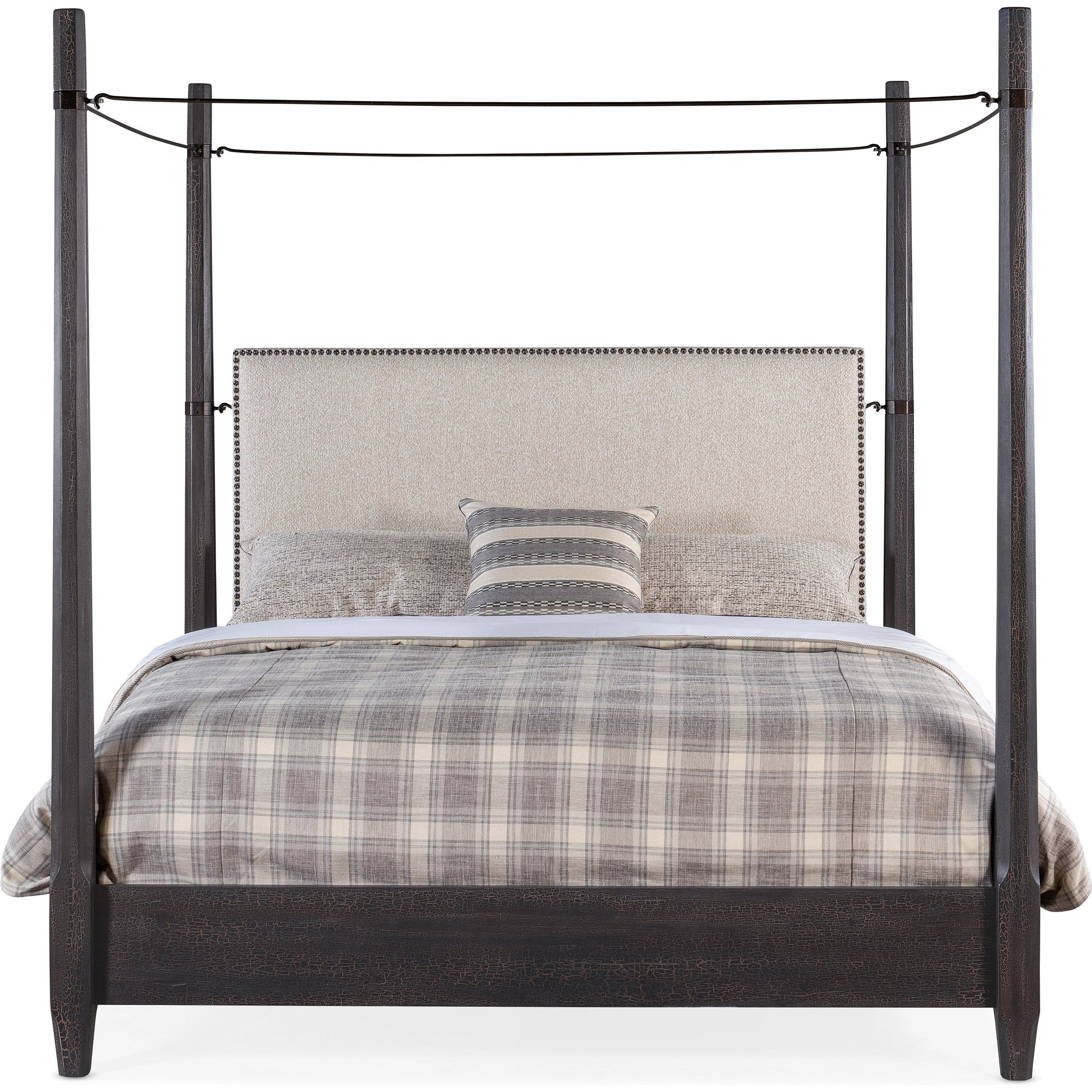 Big Sky Poster Bed by Hooker Furniture in beige and charred timber. Made from pecky hickory veneers, fabric, metal, nailheads in a modern style.