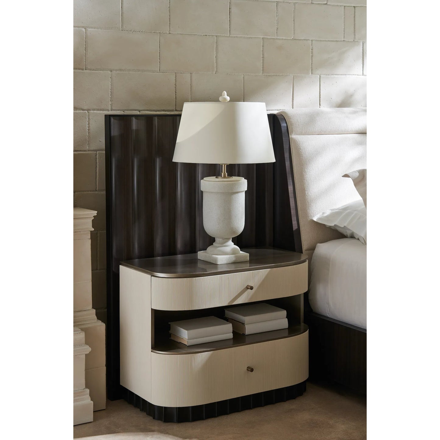 006 SI-2162869 | Lifestyle | Deep Sleep Nightstand by Caracole in ivory, gold, dark chocolate and ivory, dark chocolate, brushed whisper of gold paint. Made from poplar in a modern style.