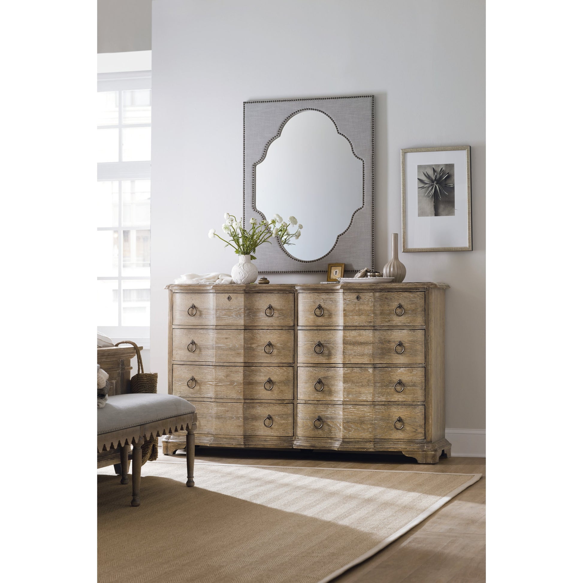 Nourmand Mirror by Hooker Furniture in grey and antwerp gray. Made from hardwoods with fabric, mirror in a cottage & farmhouse style.
