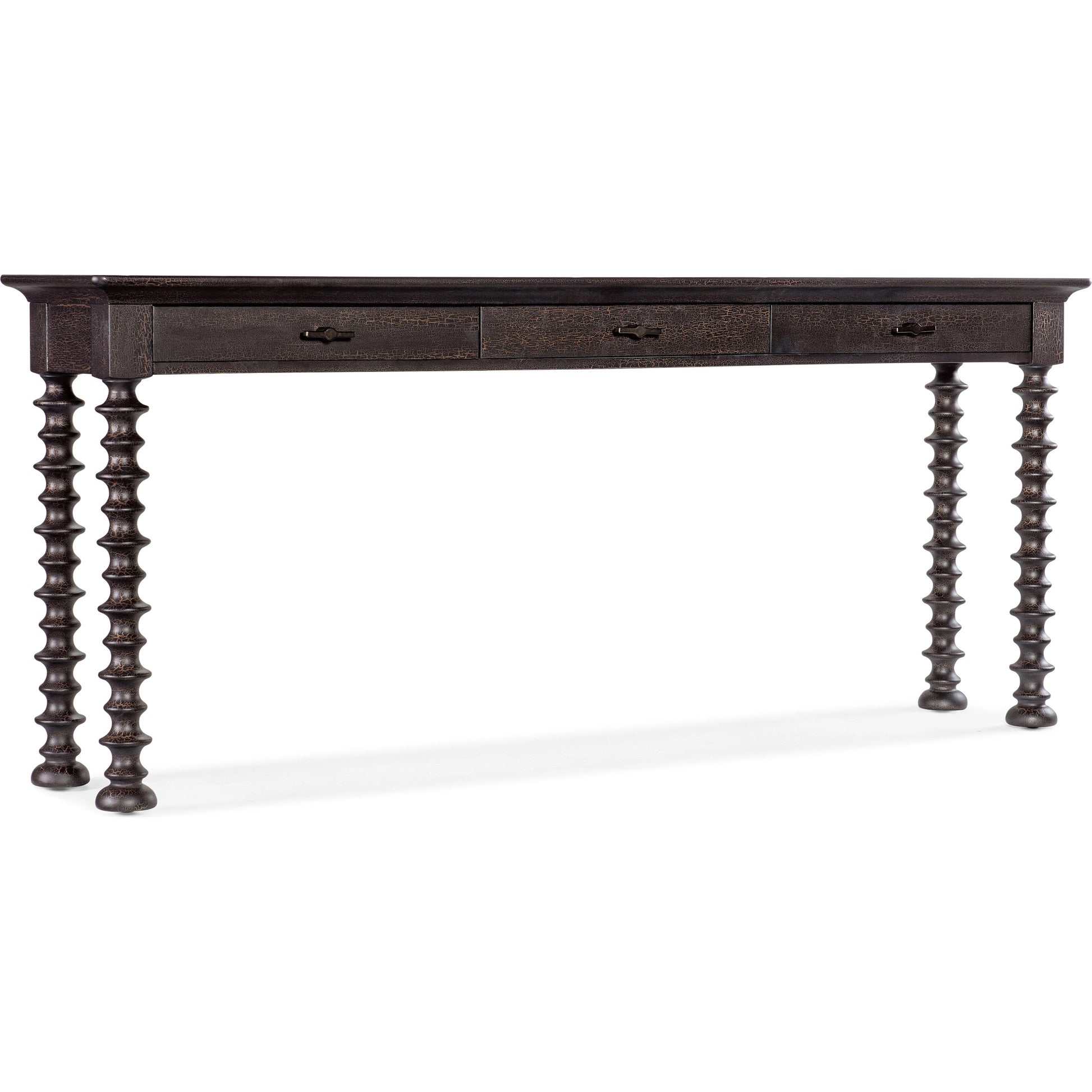 Big Sky Turned Leg Sofa Table by Hooker Furniture in charred timber. Made from pecky hickory veneers, solid-wood edged top in a traditional style.