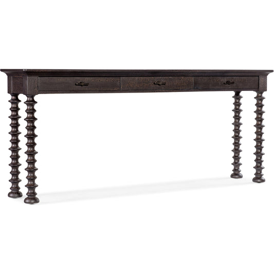 Big Sky Turned Leg Sofa Table by Hooker Furniture in charred timber. Made from pecky hickory veneers, solid-wood edged top in a traditional style.