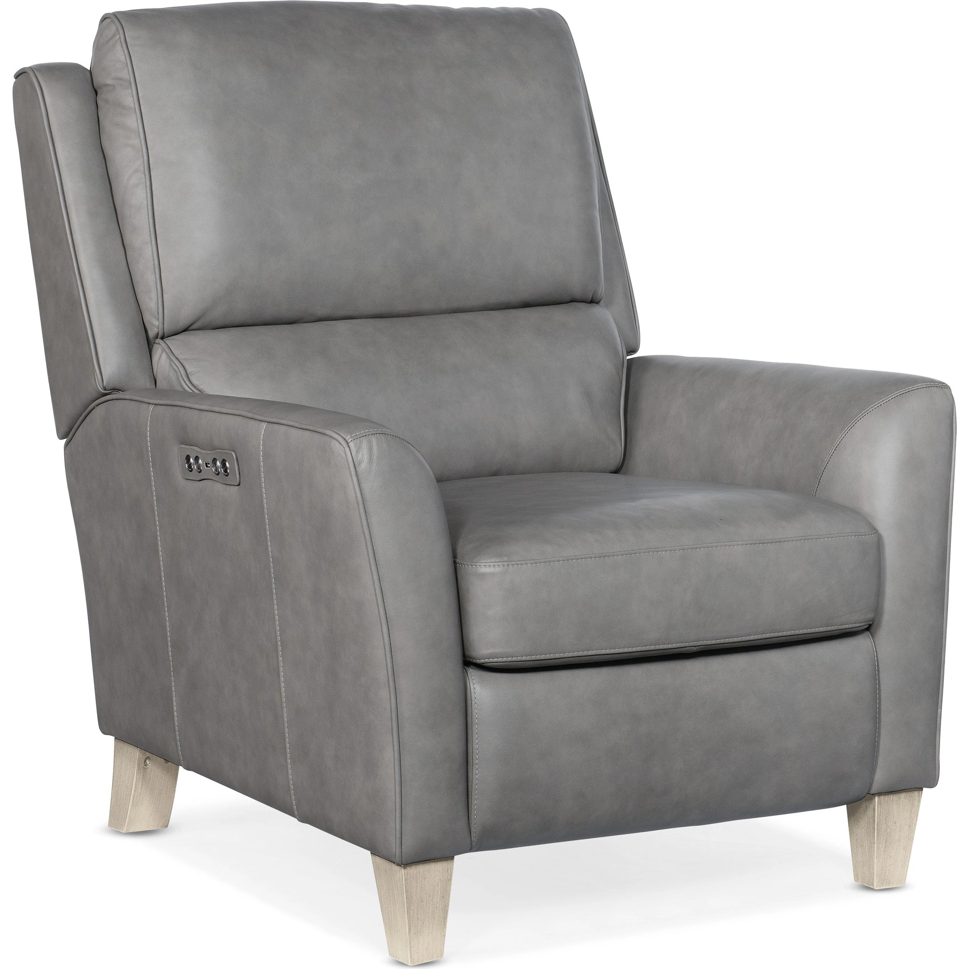 Dunes Power Recliner by Hooker Furniture in aline light gray. Made from leather in a traditional style.