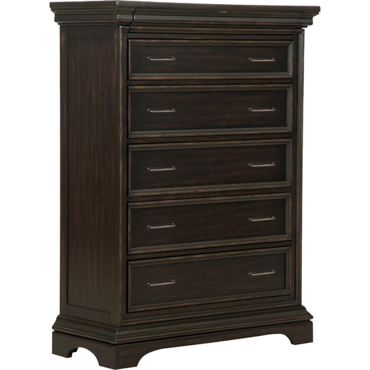 Caldwell-Drawer Chest by Pulaski Furniture in deep brown. Made from acacia veneers, asian hardwood in a traditional style.