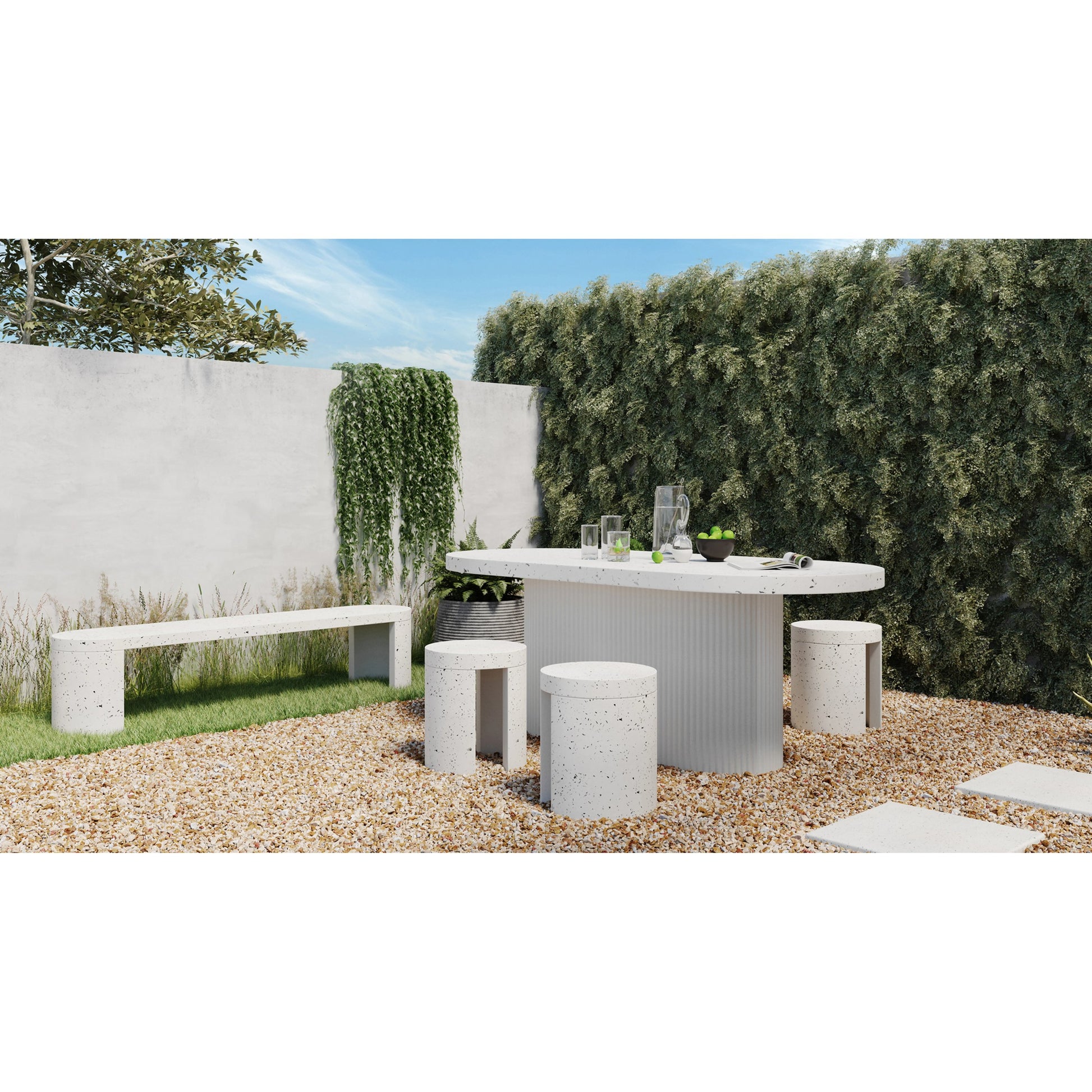 Lyon Outdoor Dining Table by Moe's Home Collection in light grey. Made from concrete, terrazzo, foam core with metal bar reinforcement in a modern style.