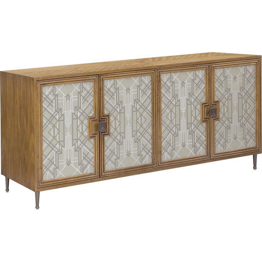 Mid-Century Modern 4 Door Credenza by Pulaski Furniture in honey. Made from rubberwood in a modern style.
