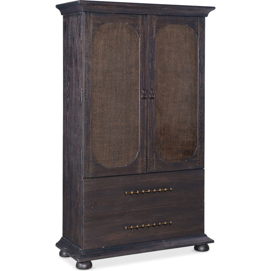 Big Sky Small Wardrobe by Hooker Furniture in charred timber. Made from pecky hickory veneers, burlap in a traditional style.