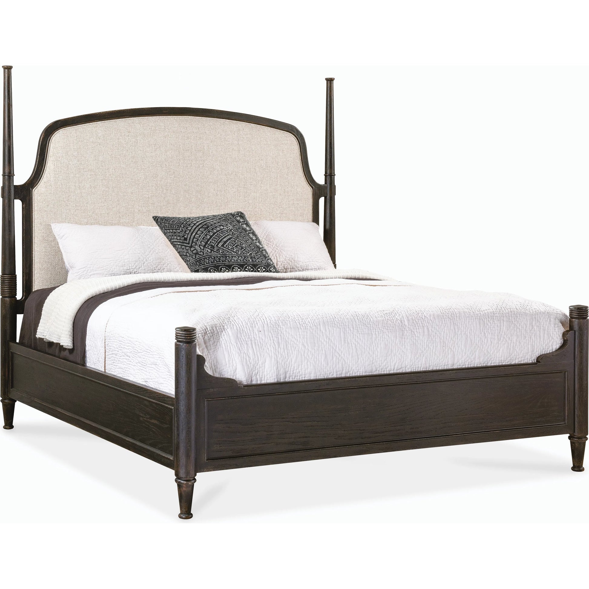 Americana King Upholstered Poster Bed by Hooker Furniture in beige. Made from oak veneers and fabric in a modern style.