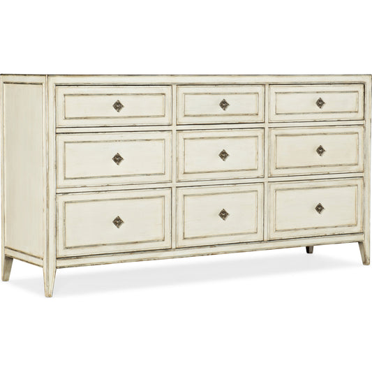 Anastasie Dresser by Hooker Furniture in blanc. Made from oak veneers, cedar in a traditional style.