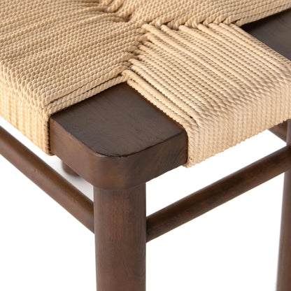 Shona Stool by Four Hands in russet mahogany, vintage cotton. Made from solid mahogany, cotton rope in a rustic style.