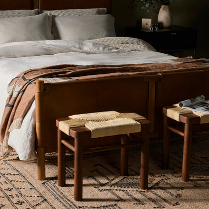 Shona Stool by Four Hands in russet mahogany, vintage cotton. Made from solid mahogany, cotton rope in a rustic style.