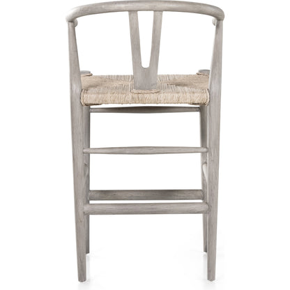 Muestra Counter Stool by Four Hands in vintage white, black teak. Made from solid teak, 100% polyethylene in a coastal style.