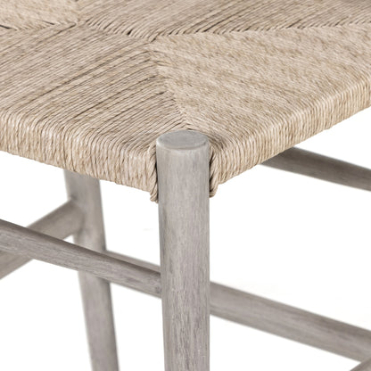 Muestra Counter Stool by Four Hands in vintage white, black teak. Made from solid teak, 100% polyethylene in a coastal style.