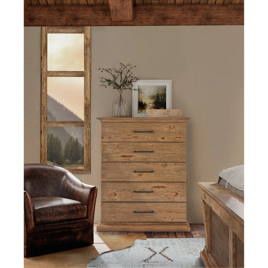 Big Sky Five Drawer Chest by Hooker Furniture in vintage natural. Made from pecky hickory veneers, cedar, solid-wood edged top in a modern style.