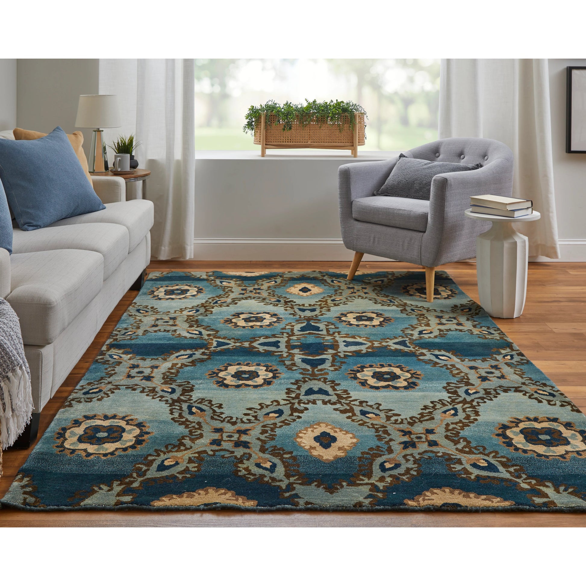 Amzad Transitional Ikat Rug - 6116F by Feizy in blue, gray, tan. Made from wool in a unique style.