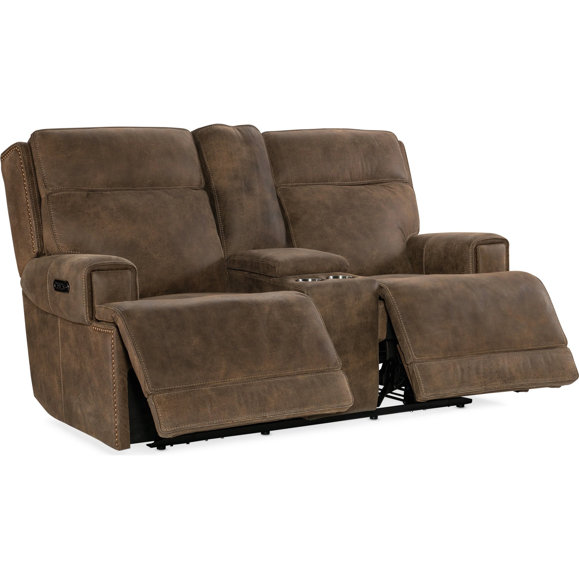 Wheeler Power Console Loveseat by Hooker Furniture in seville timber. Made from leather, seville timber (aniline). seville timber features natural hallmarks of the trail such as fat wrinkles healed scars, scratches, mite 