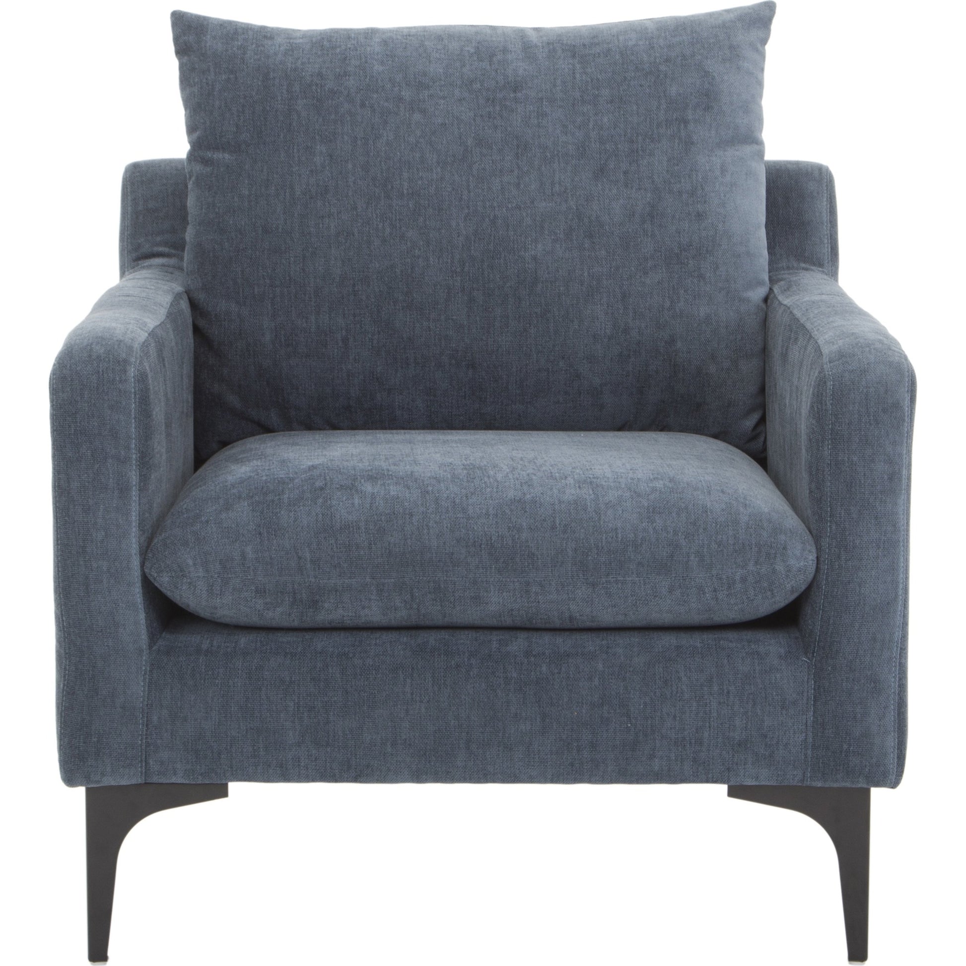 Paris Armchair by Moe's Home Collection in blue. Made from upholstery: 100% polyester, pine, plywood frame, webbing support, steel legs, foam in a transitional style.