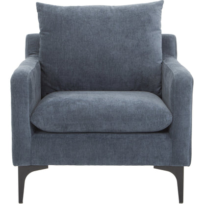 Paris Armchair by Moe's Home Collection in blue. Made from upholstery: 100% polyester, pine, plywood frame, webbing support, steel legs, foam in a transitional style.